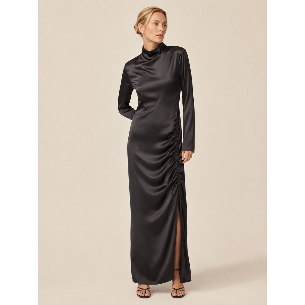 Banana Republic Womens Ruched Stretch Satin Maxi Dress S Petite Elegant Black